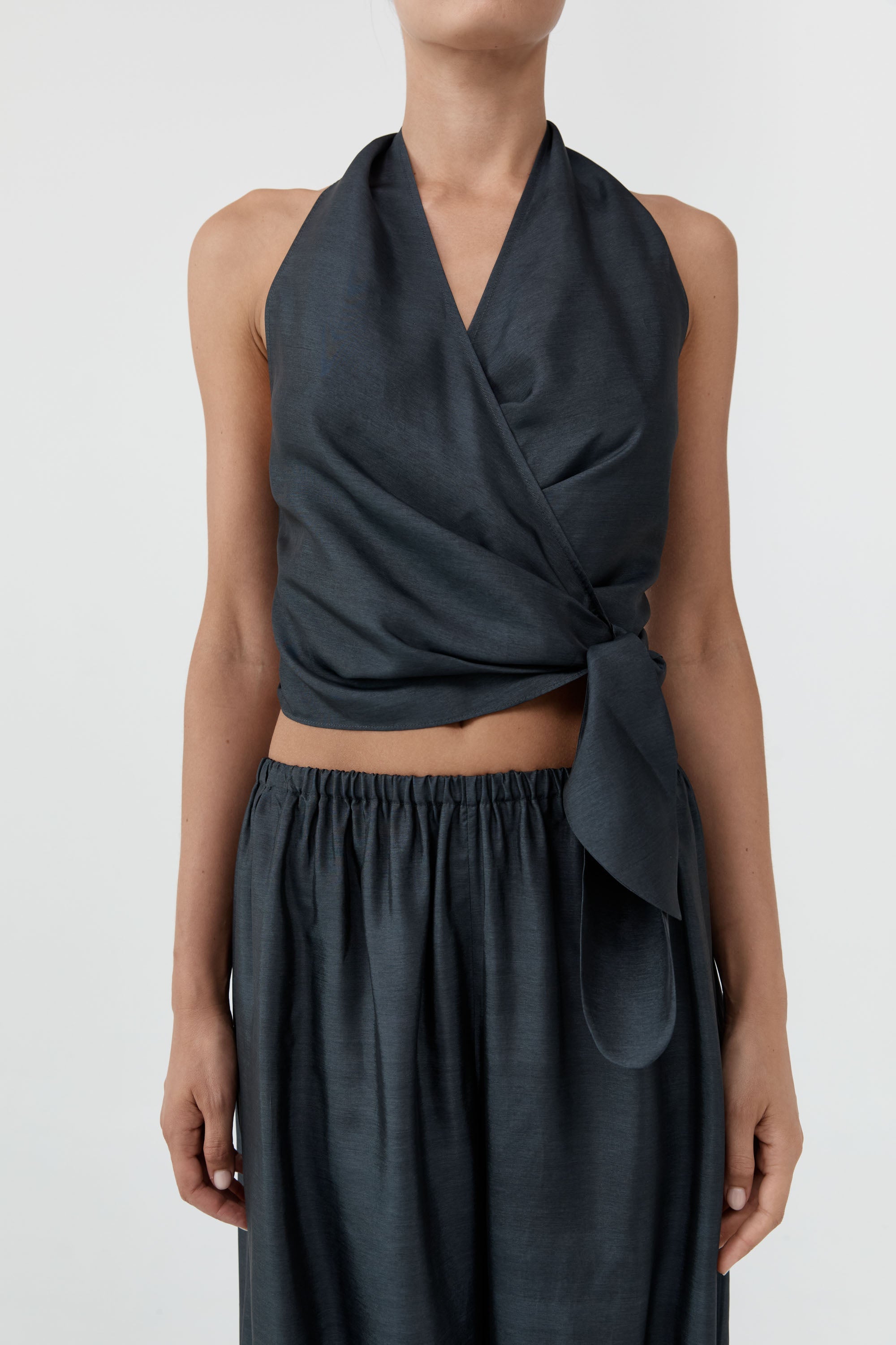 St Agni Silk Halter Wrap Top Washed Black