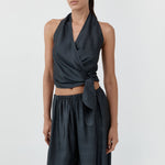 St Agni Silk Halter Wrap Top Washed Black