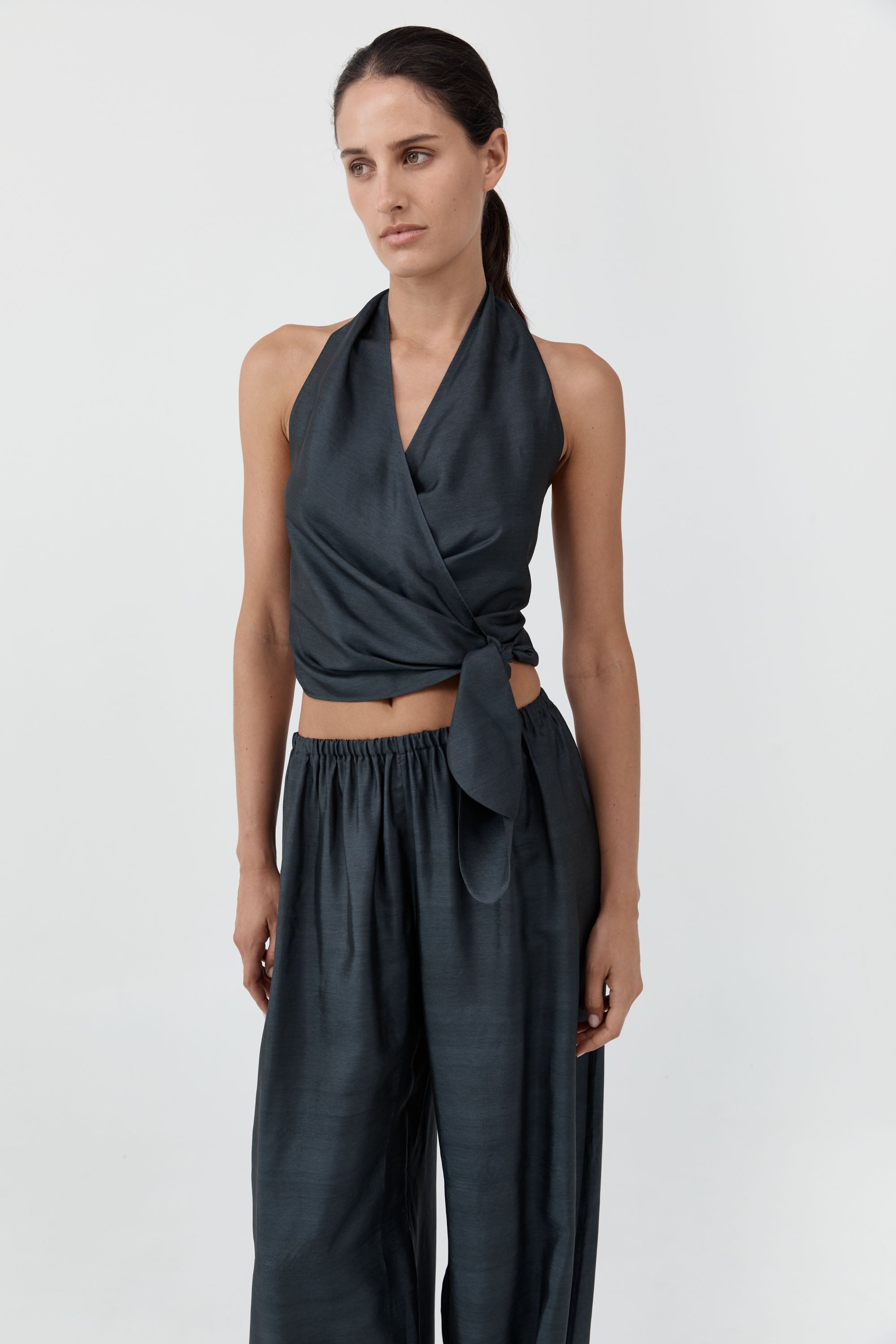 St Agni Silk Halter Wrap Top Washed Black