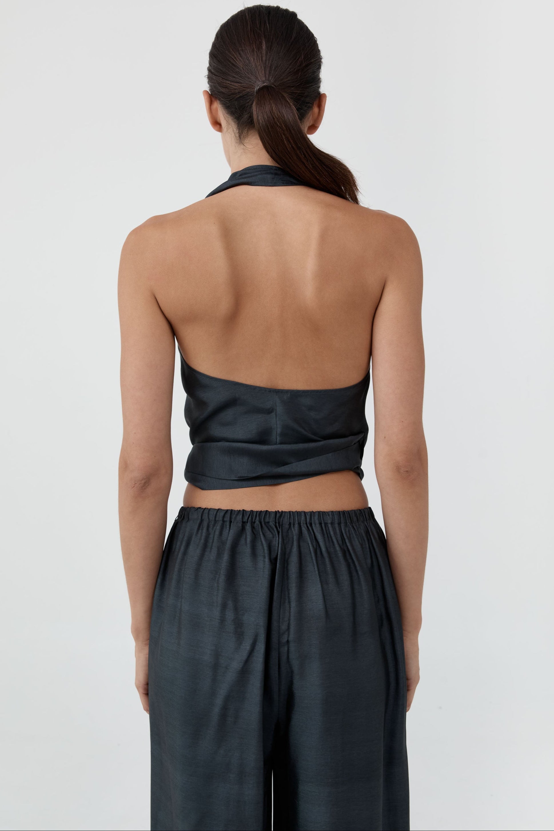 St Agni Silk Halter Wrap Top Washed Black