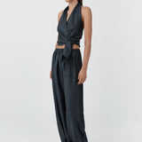 St Agni Silk Halter Wrap Top Washed Black