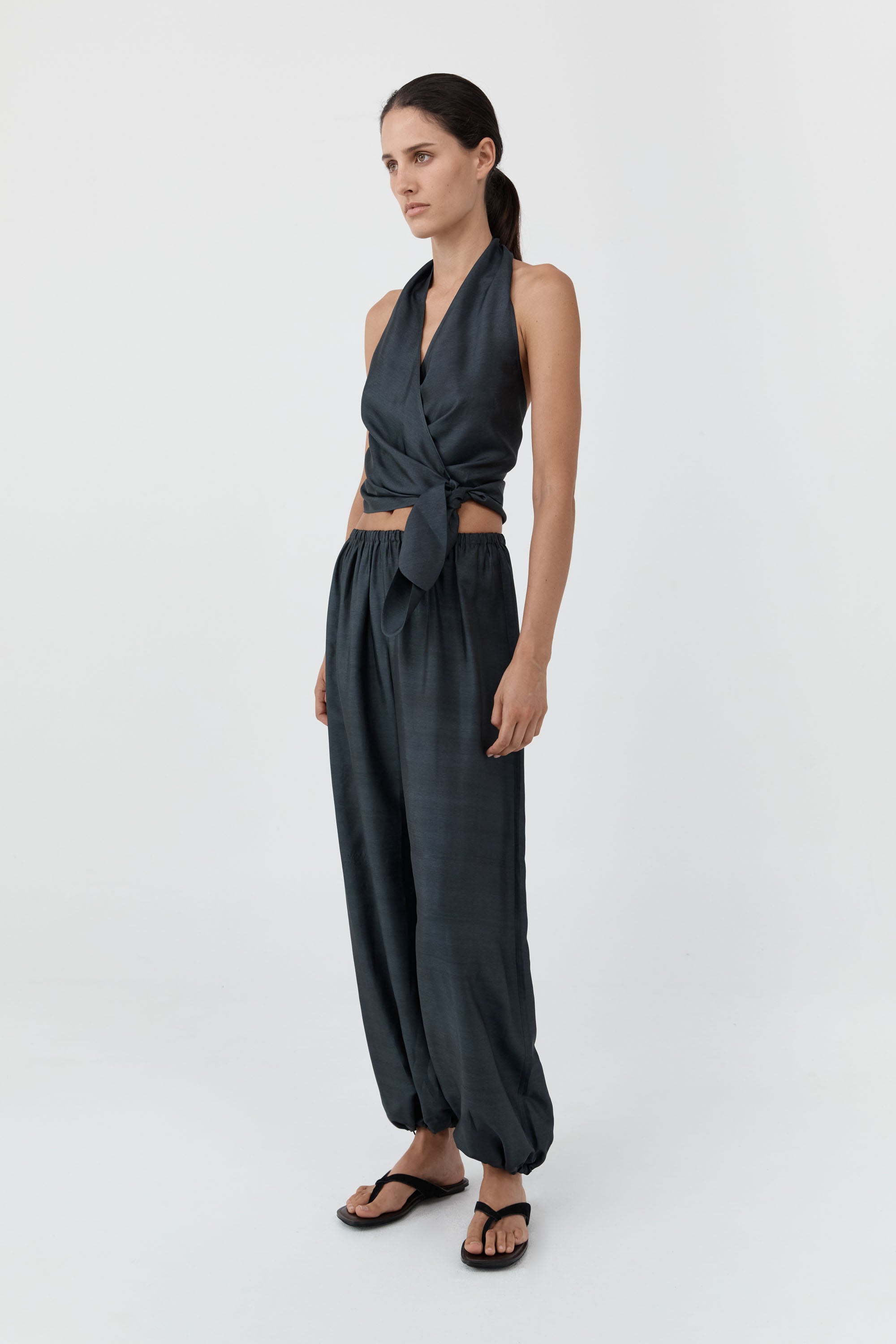 St Agni Silk Halter Wrap Top Washed Black