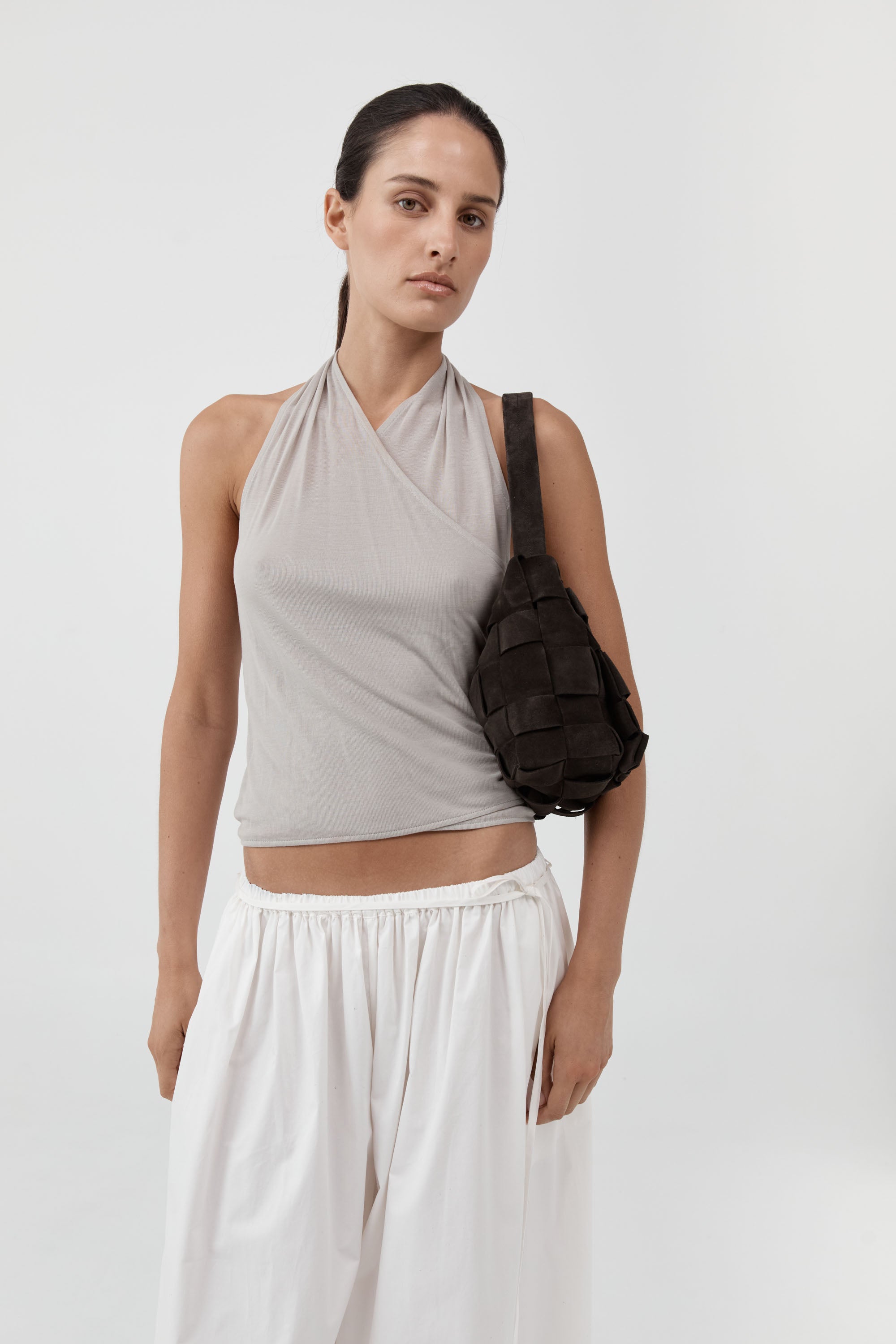 St Agni Suede Woven Envelope Mini Tote Coffee