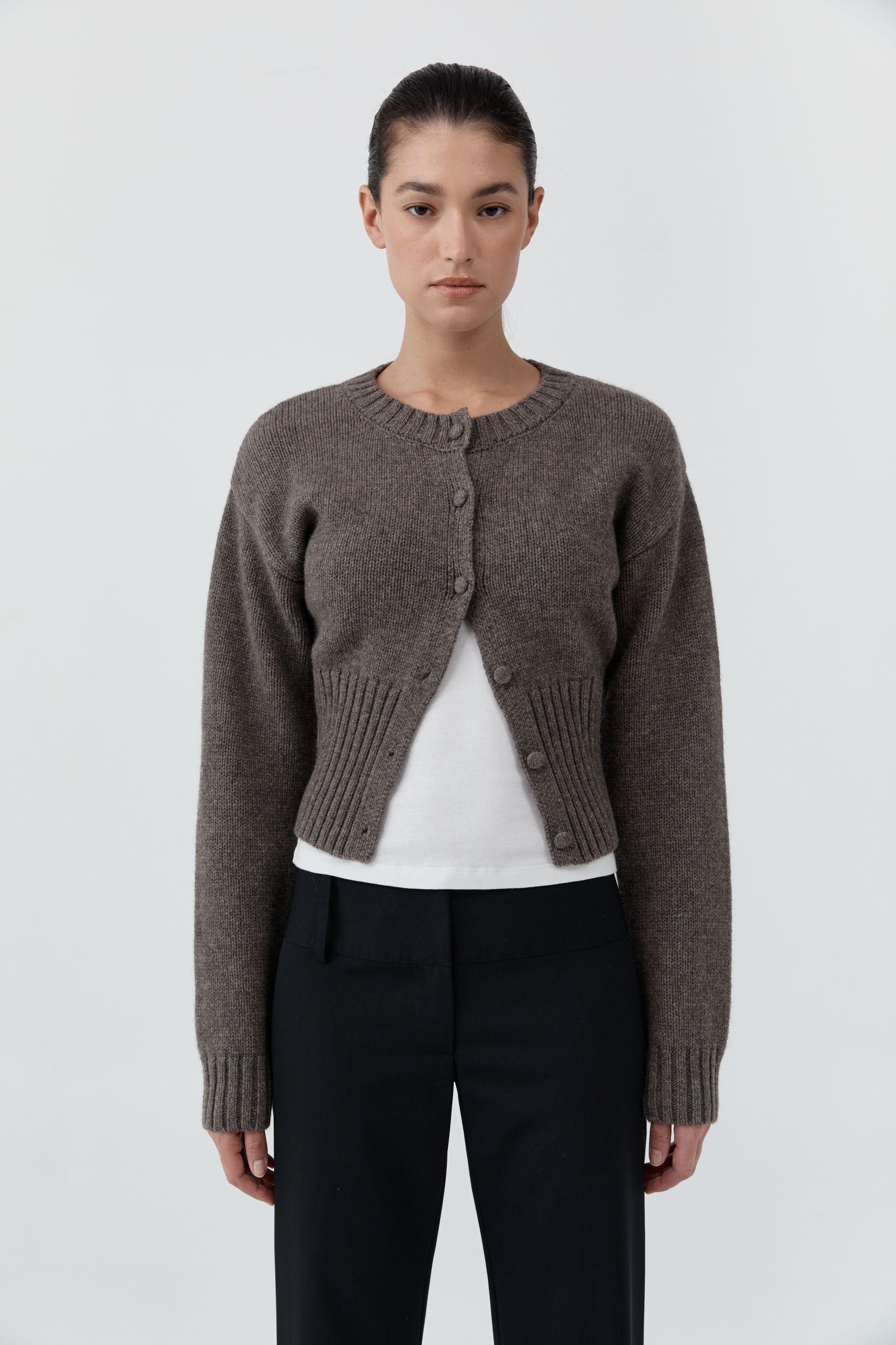 St. Agni Wool Cardigan in Taupe Melange – front view | Peggy Concept Store