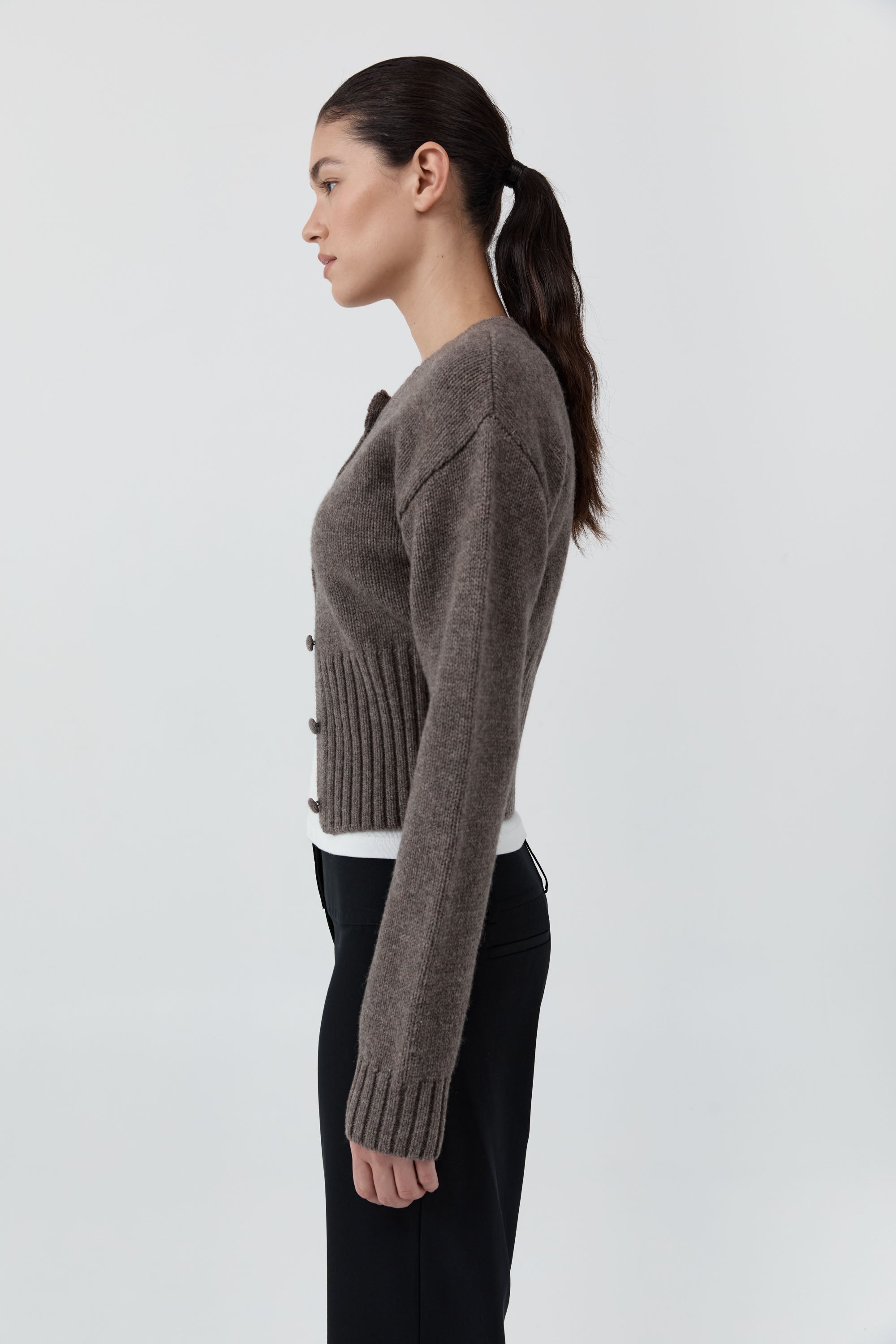 St. Agni Wool Cardigan in Taupe Melange – side view | Peggy Concept Store