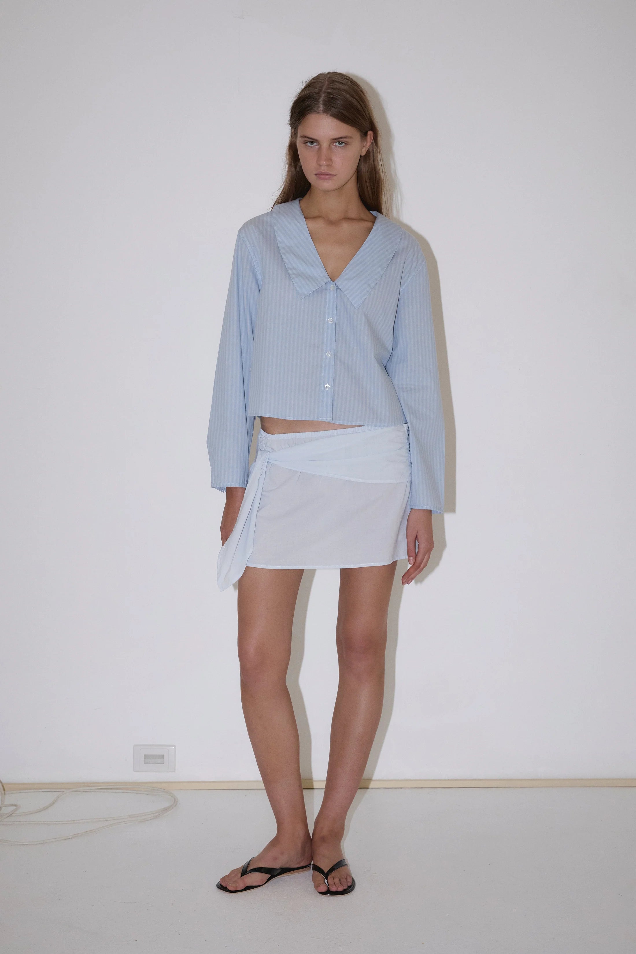Blue striped cotton shirt with waist button detail